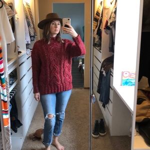 Red and gold chunky cable knit sweater